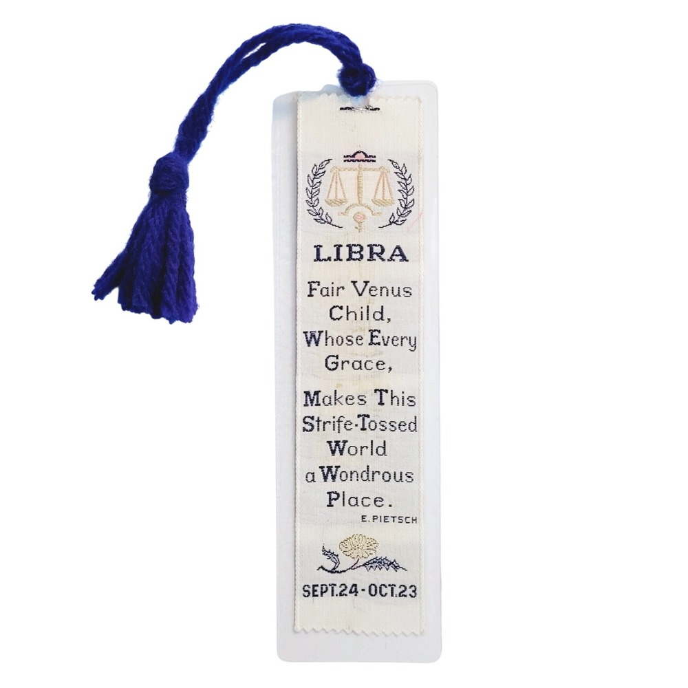 Vintage 60s LIBRA tassel Bookmark zodiac astrology woven fabric Weve-a-Gift 1960